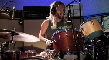 Taylor Hawkins recording drums during a Foo Fighters recording session